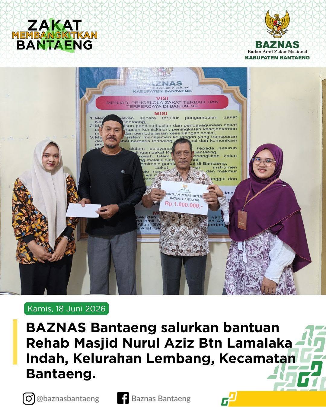 BAZNAS Kabupaten Bantaeng Salurkan Bantuan Rehab Masjid Nurul Aziz BTN Lamalaka Indah